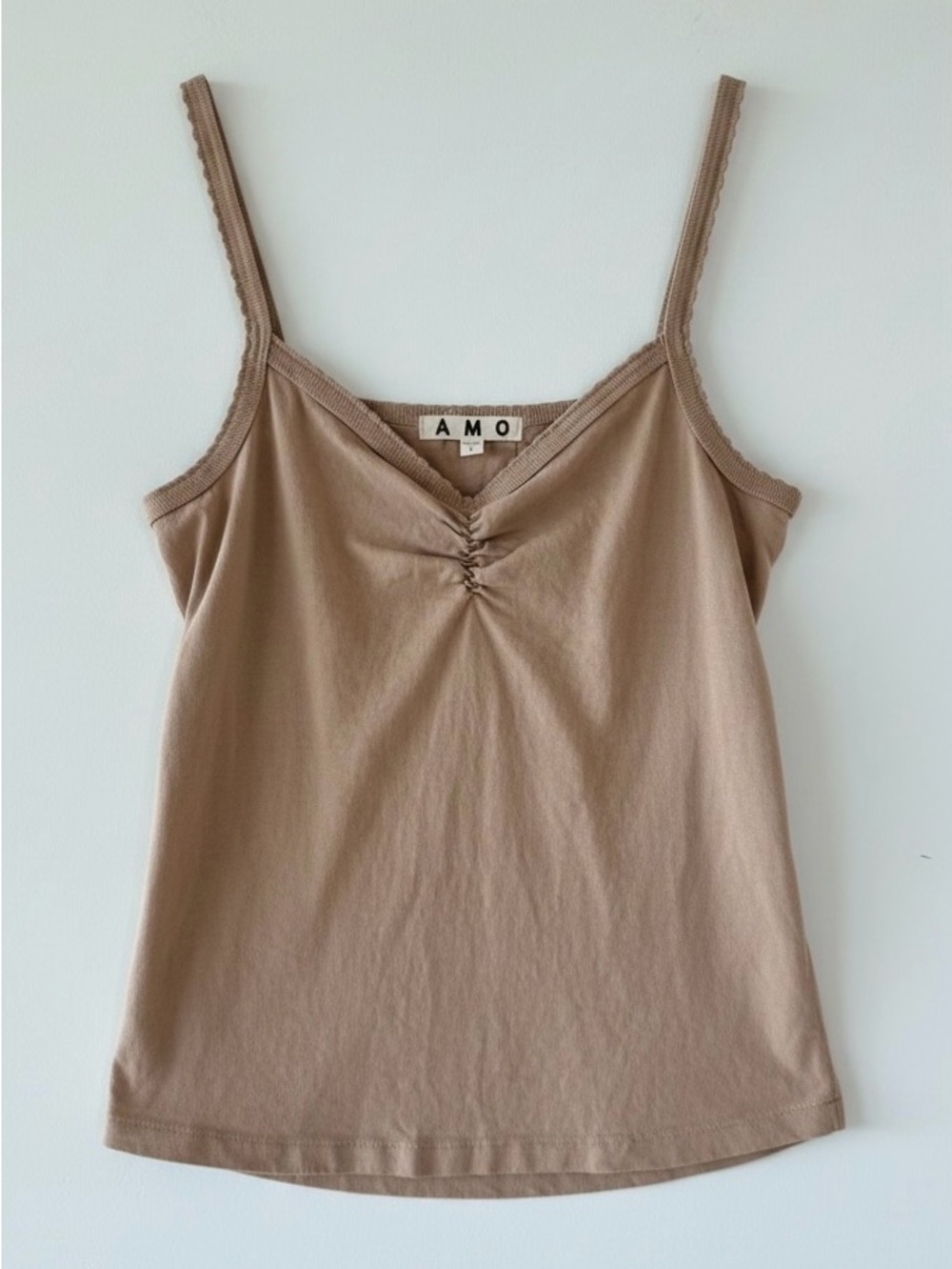 AMO Scallop Knit Cami Top Tan Brown Size Large L Made in USA Cotton